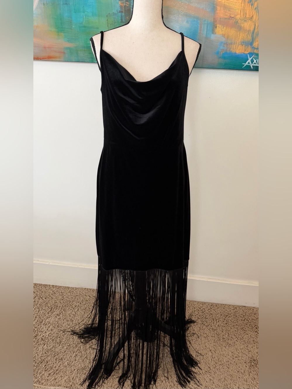 Taylor Black Cowl Neck Velvet Fringe Maxi Dress 12